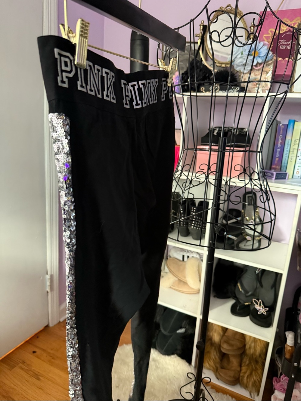 PINK Victoria's Secret Black Leggings with Silver Sequin Side Stripes - Picture 4 of 10